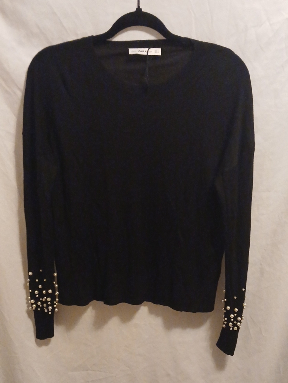 Zara Black Pearl-Embellished Long Sleeve Top
